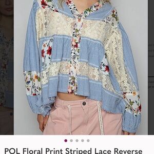 POL Blue and Cream Floral Lace Blouse